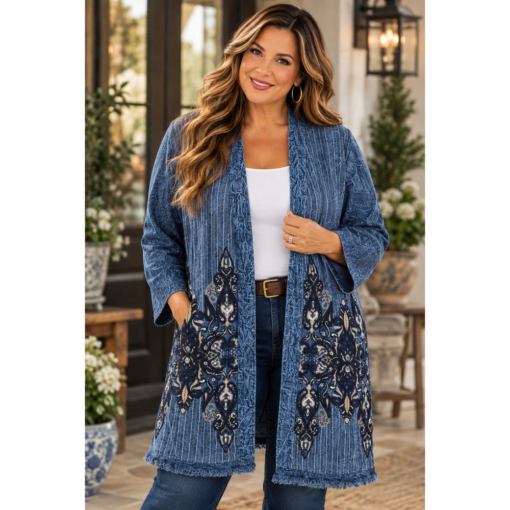 Chico's Blue Pinstripe Embroidered Open Front Jacket Sequin Bead Size 3 XL 16/18